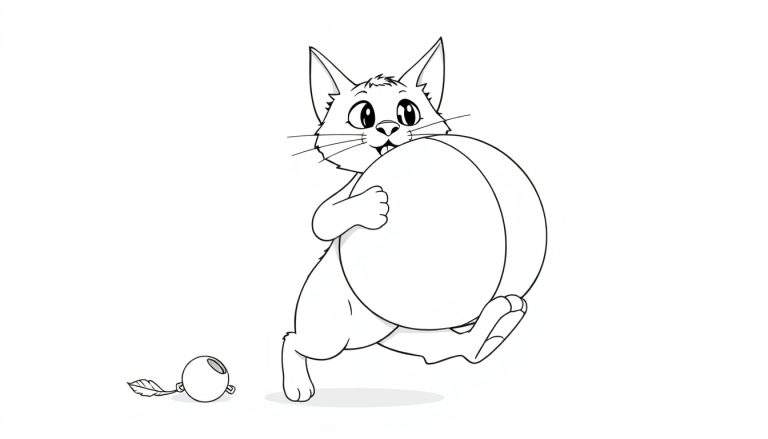 Un chaton joueur avec un ballon multicolore, comme un color panel.