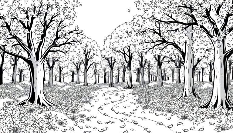 Un chemin sinueux traverse une forêt d'arbres détaillés avec une canopée dense.