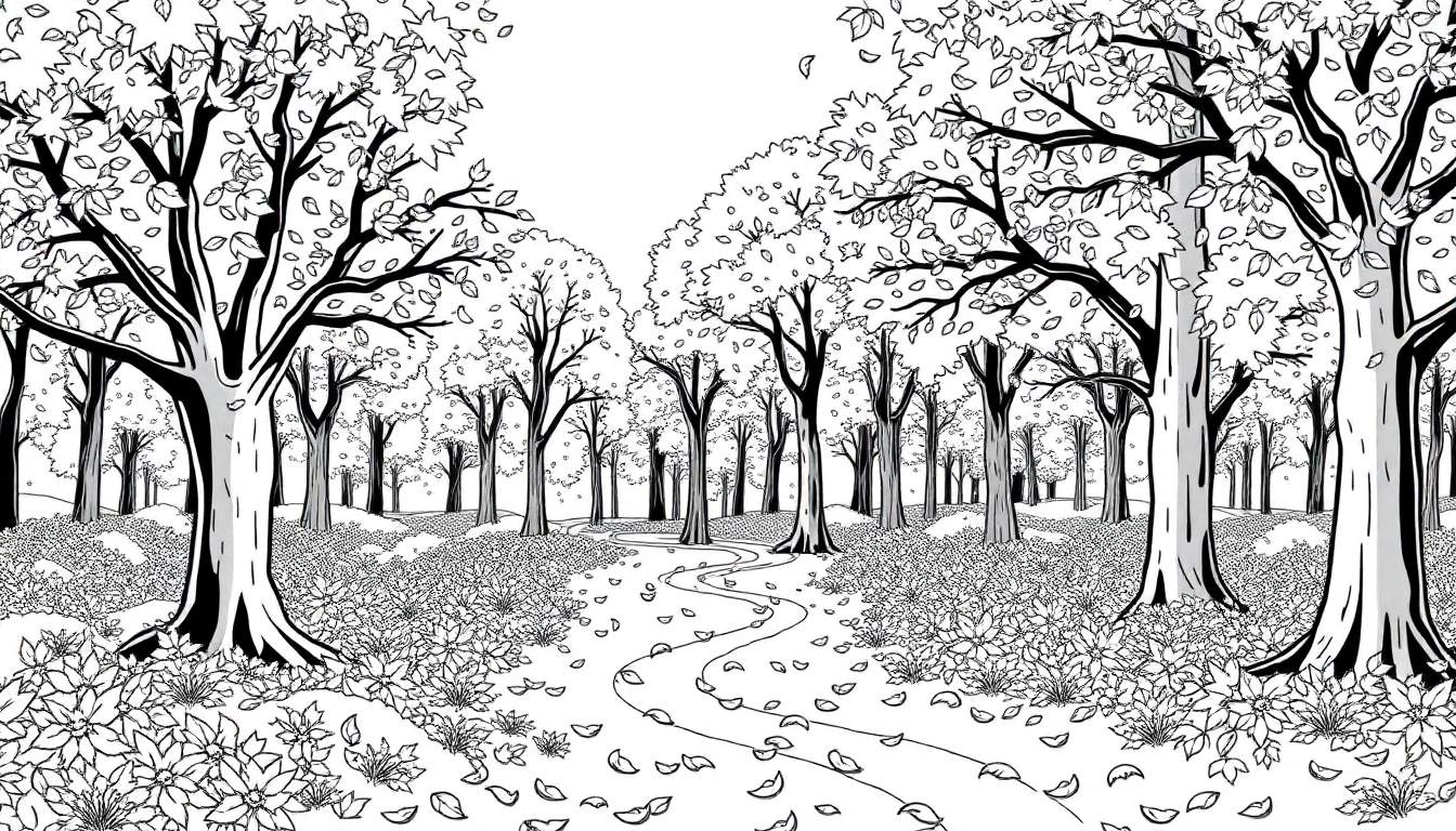 Un chemin sinueux traverse une forêt d'arbres détaillés avec une canopée dense.