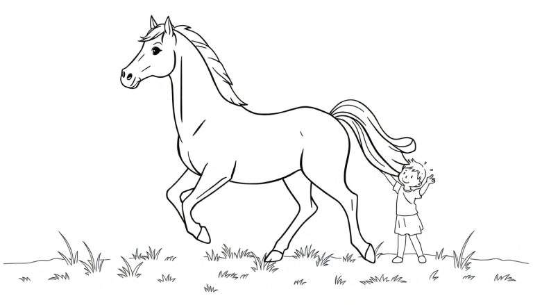 Un enfant joue avec la queue d'un cheval galopant dans un pré, un dessin au trait prêt pour le color panel.