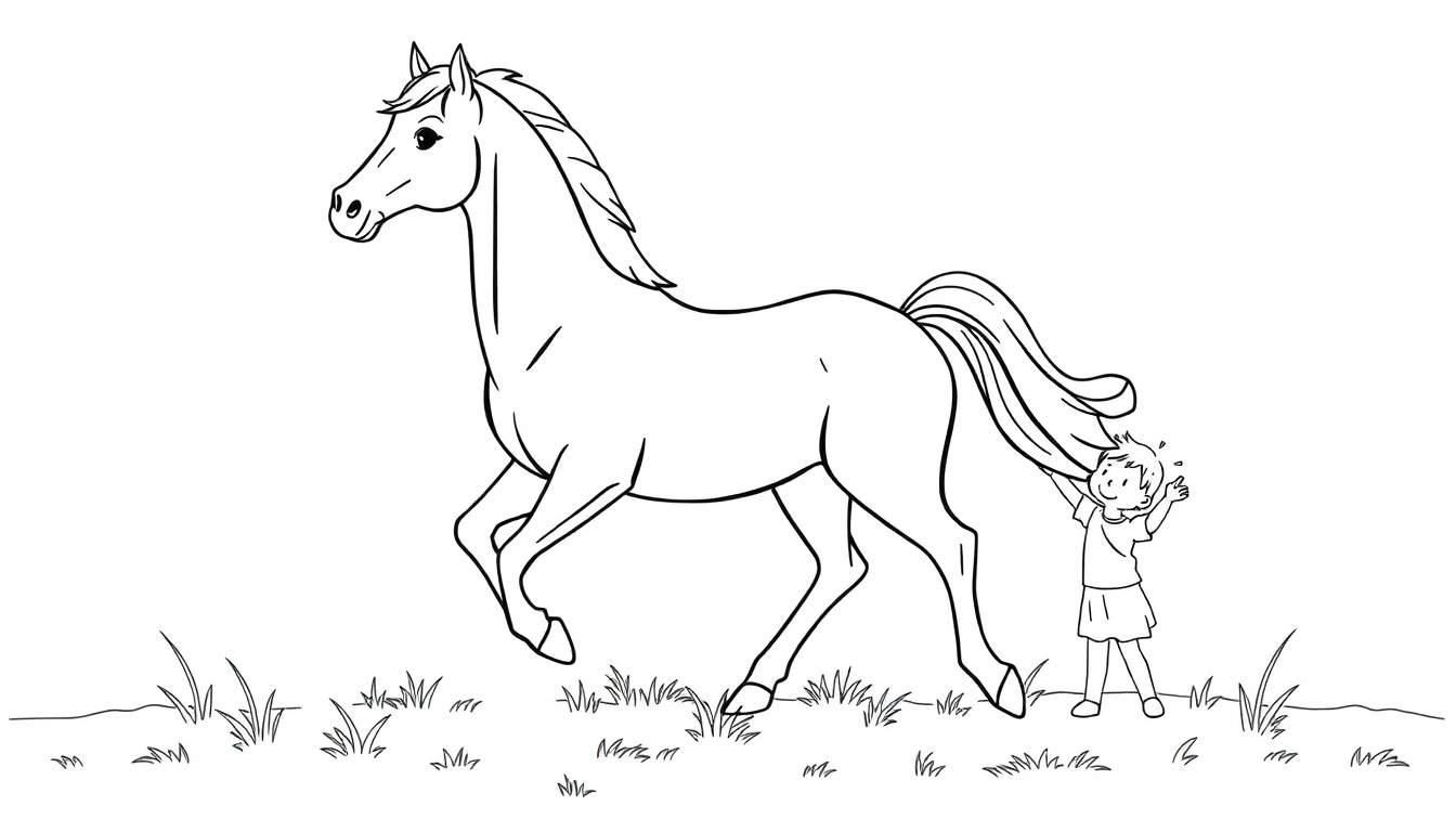 Un enfant joue avec la queue d'un cheval galopant dans un pré, un dessin au trait prêt pour le color panel.