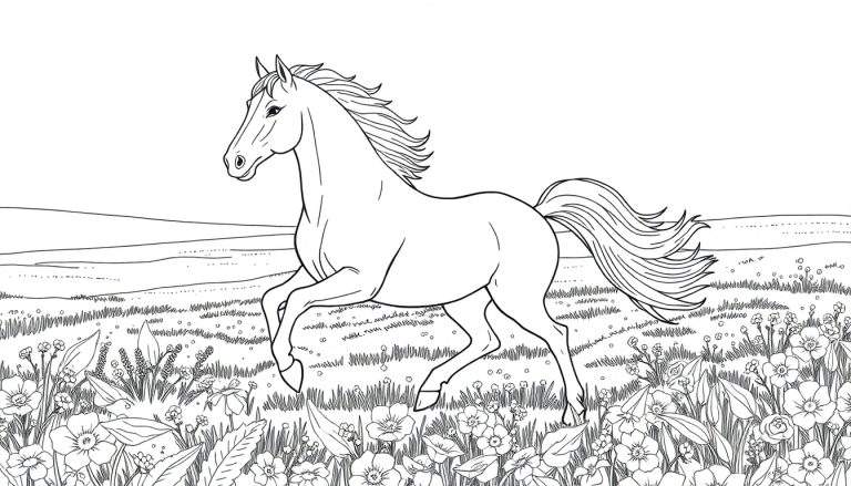 Un cheval dessiné au trait galope dans un champ fleuri, prêt à être colorié.