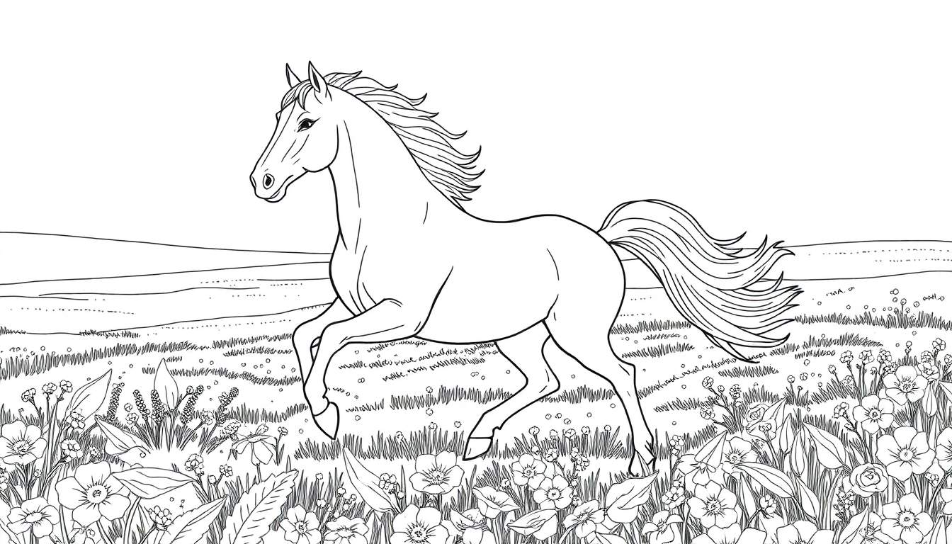 Un cheval dessiné au trait galope dans un champ fleuri, prêt à être colorié.