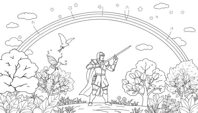 Un chevalier en armure avec une épée pointe vers le ciel sous un arc-en-ciel, entouré d'une forêt colorée.
