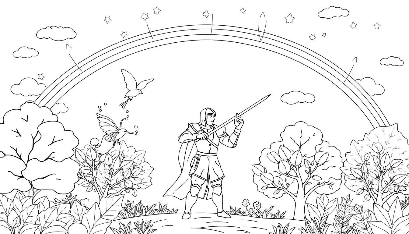Un chevalier en armure avec une épée pointe vers le ciel sous un arc-en-ciel, entouré d'une forêt colorée.