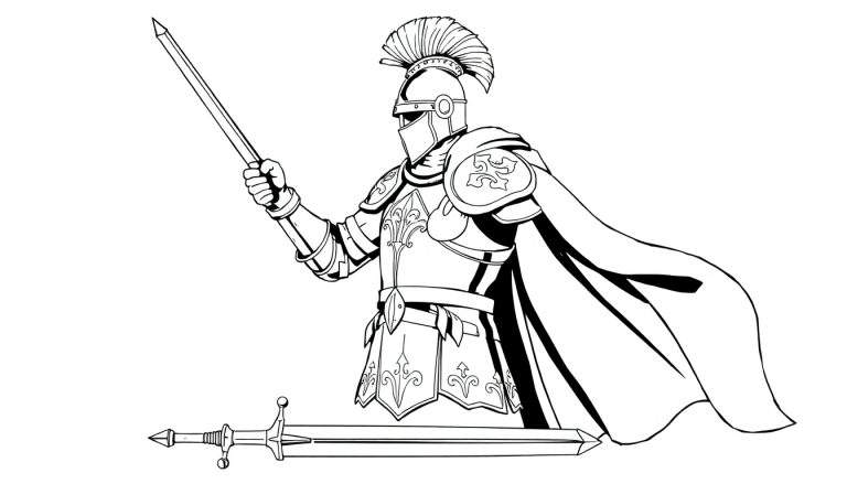 Chevalier en armure prêt pour l'action, avec une épée levée et une autre au sol. Le style est vectoriel noir et blanc, idéal pour un coloriage.