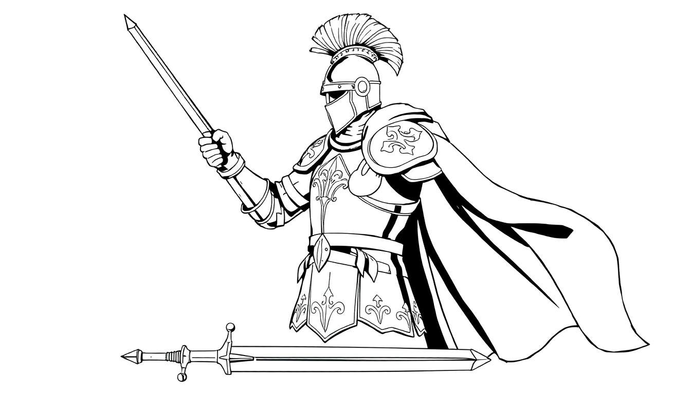 Chevalier en armure prêt pour l'action, avec une épée levée et une autre au sol. Le style est vectoriel noir et blanc, idéal pour un coloriage.