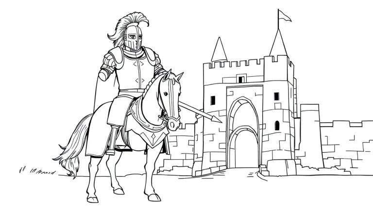 Chevalier en armure sur un cheval avec une lance devant un château, style dessin au trait noir et blanc.