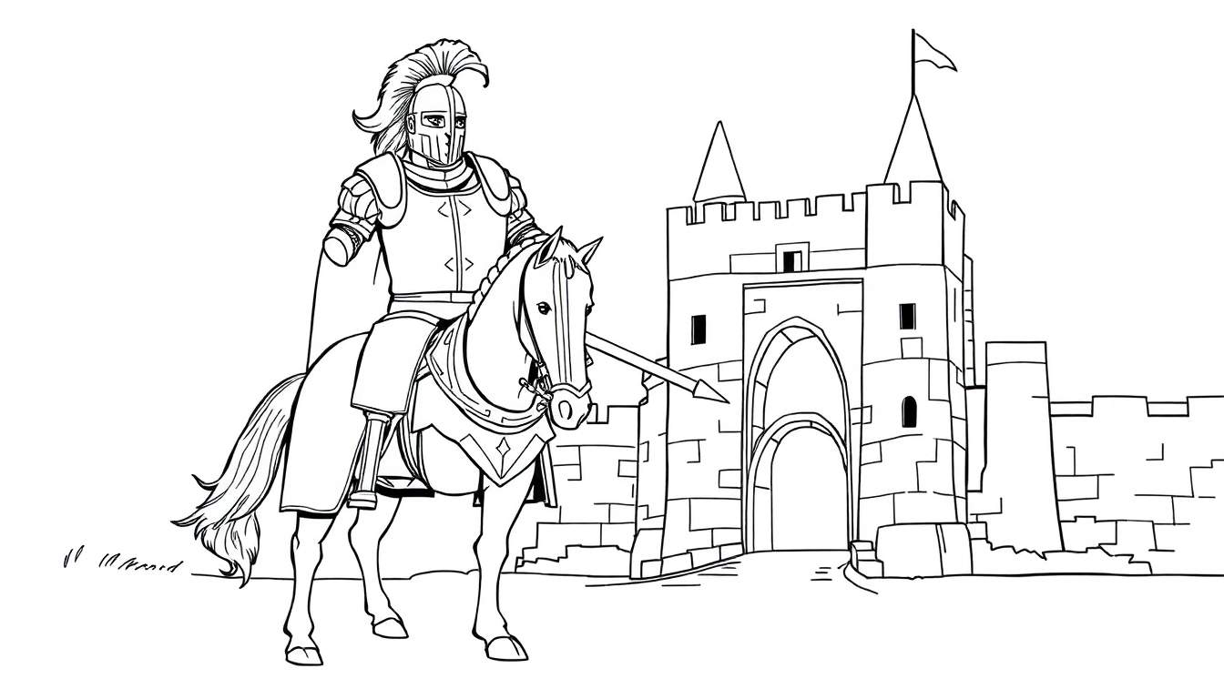 Chevalier en armure sur un cheval avec une lance devant un château, style dessin au trait noir et blanc.