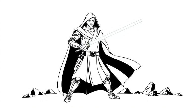 Chevalier Jedi avec sabre laser allumé, dans un dessin au trait en noir et blanc.