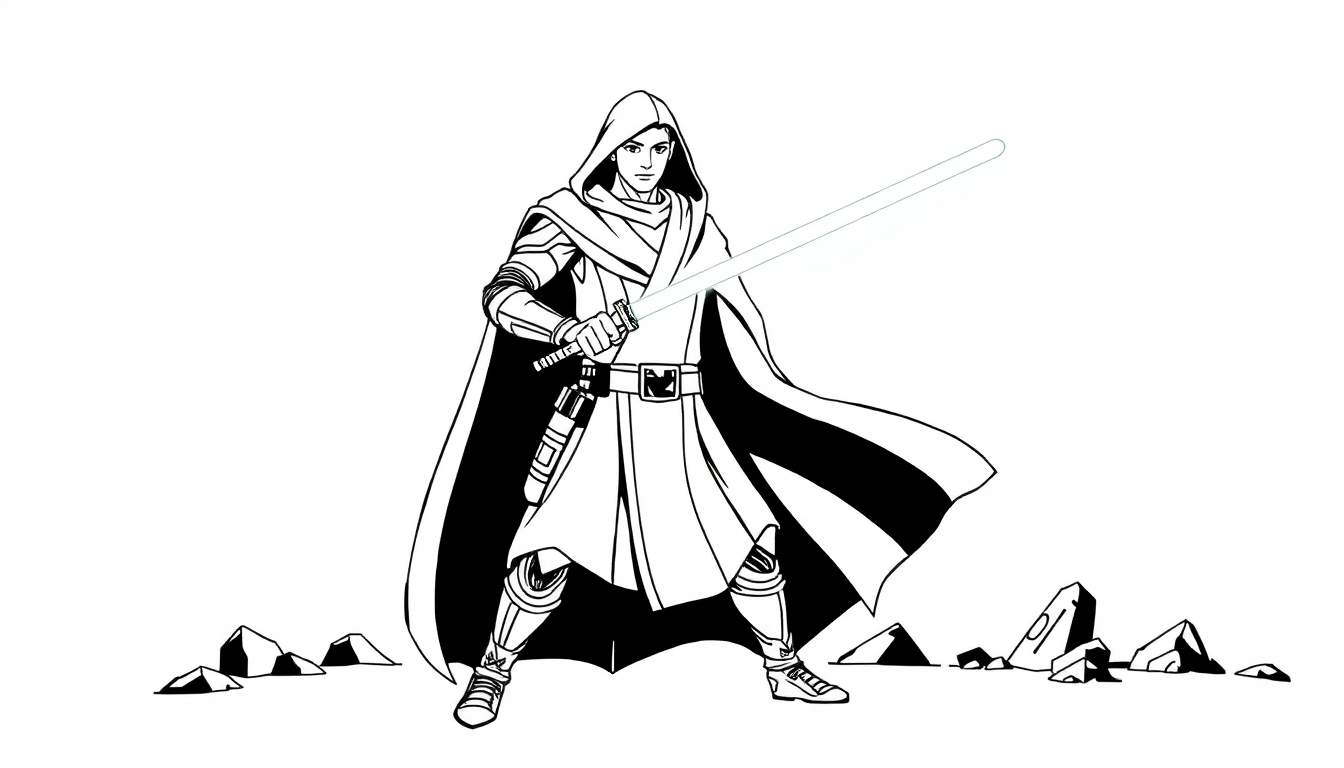Chevalier Jedi avec sabre laser allumé, dans un dessin au trait en noir et blanc.