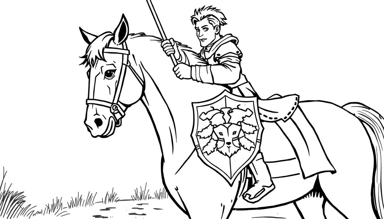 Chevalier en armure sur un cheval avec une lance et un bouclier.