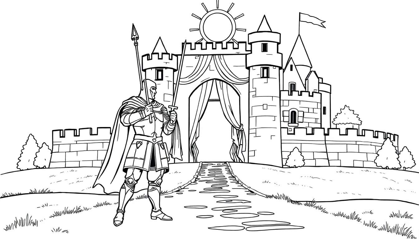 Chevalier devant un château avec un soleil coloré.