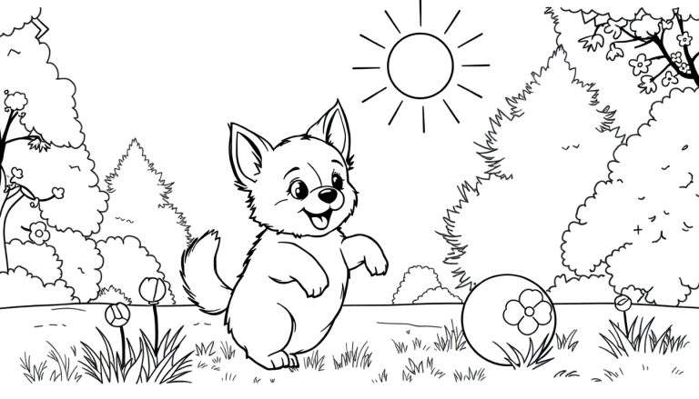 Un dessin au trait d'un chiot jouant avec une balle sous un soleil souriant, entouré d'arbres et de fleurs, parfait pour un color panel.