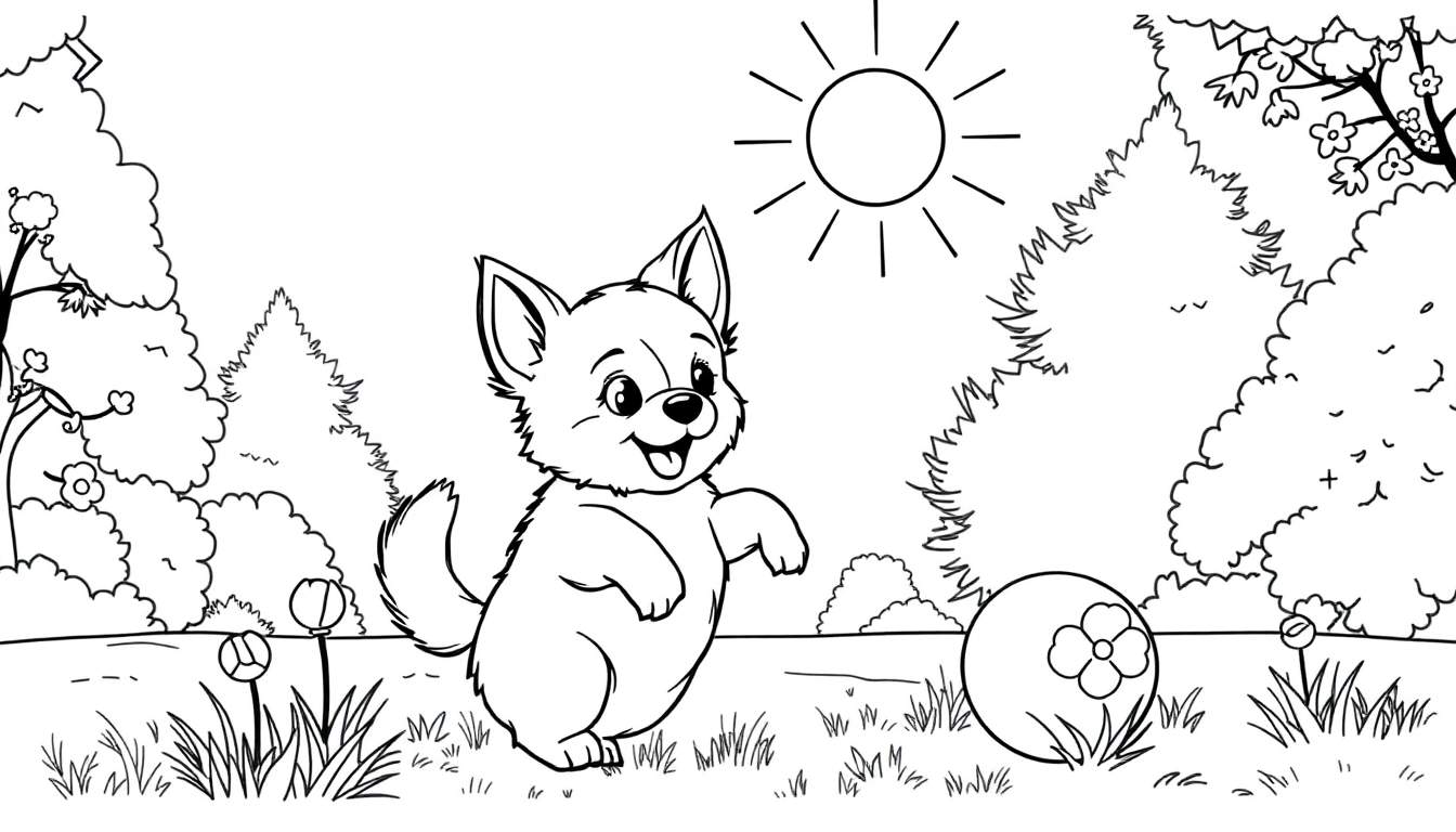Un dessin au trait d'un chiot jouant avec une balle sous un soleil souriant, entouré d'arbres et de fleurs, parfait pour un color panel.