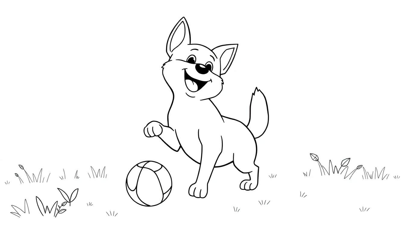 Chiot jouant avec un ballon dans l'herbe, dessin au trait noir et blanc.