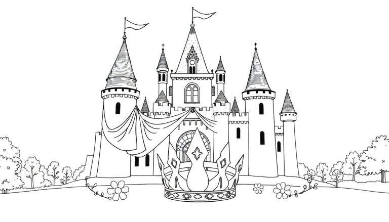 Un château de conte de fées avec des drapeaux et une couronne, sur une colline fleurie, prêt pour un color panel.