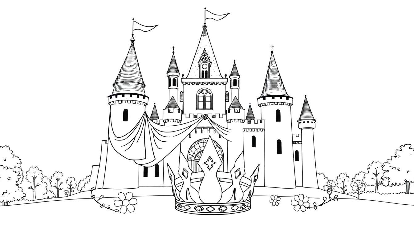 Un château de conte de fées avec des drapeaux et une couronne, sur une colline fleurie, prêt pour un color panel.