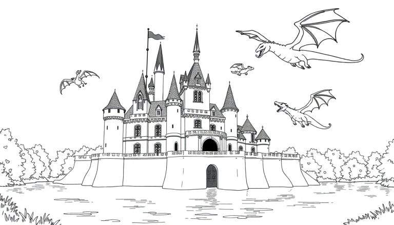 Château médiéval sur une île avec des dragons amicaux dans le ciel, illustration en noir et blanc pour un color panel.