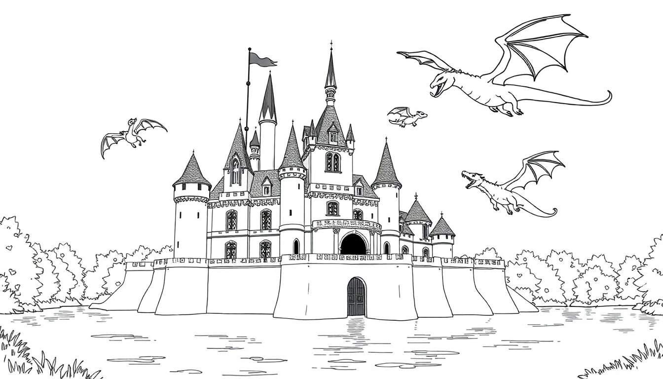 Château médiéval sur une île avec des dragons amicaux dans le ciel, illustration en noir et blanc pour un color panel.
