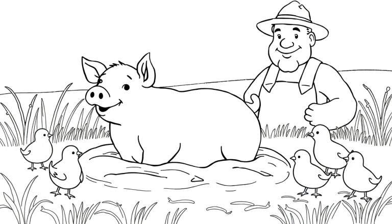 Un cochon rose et des poussins dans une ferme, avec un fermier.