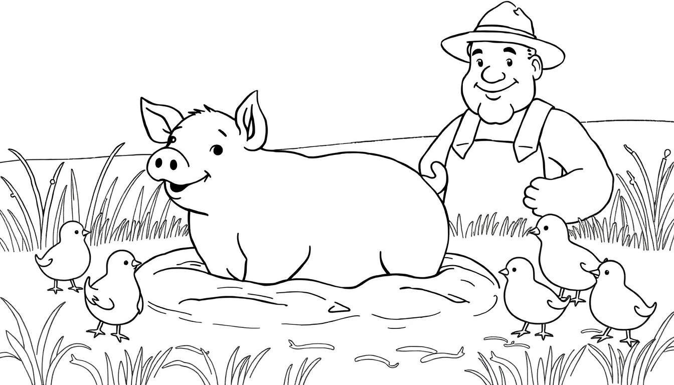 Un cochon rose et des poussins dans une ferme, avec un fermier.