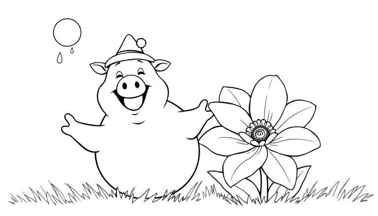 Un cochon de dessin animé joyeux avec un bonnet souriant à côté d'une grande fleur sous un soleil pluvieux.