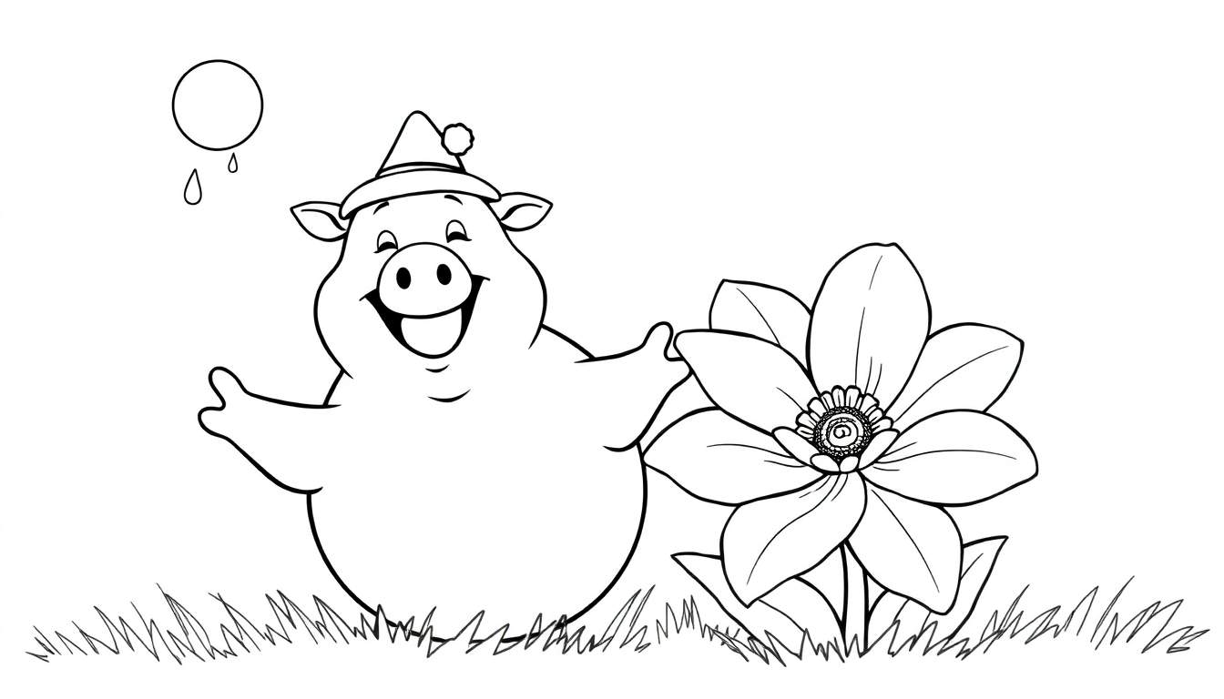 Un cochon de dessin animé joyeux avec un bonnet souriant à côté d'une grande fleur sous un soleil pluvieux.