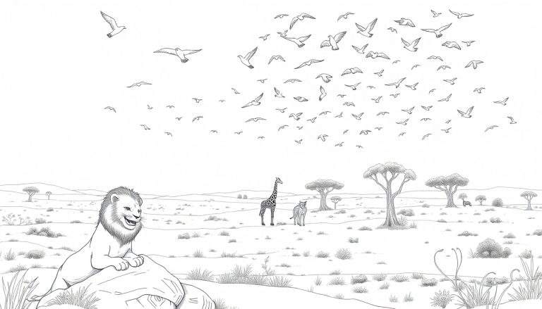 Paysage de savane africaine en noir et blanc avec un lion sur un rocher, une girafe, un léopard et des oiseaux en vol.