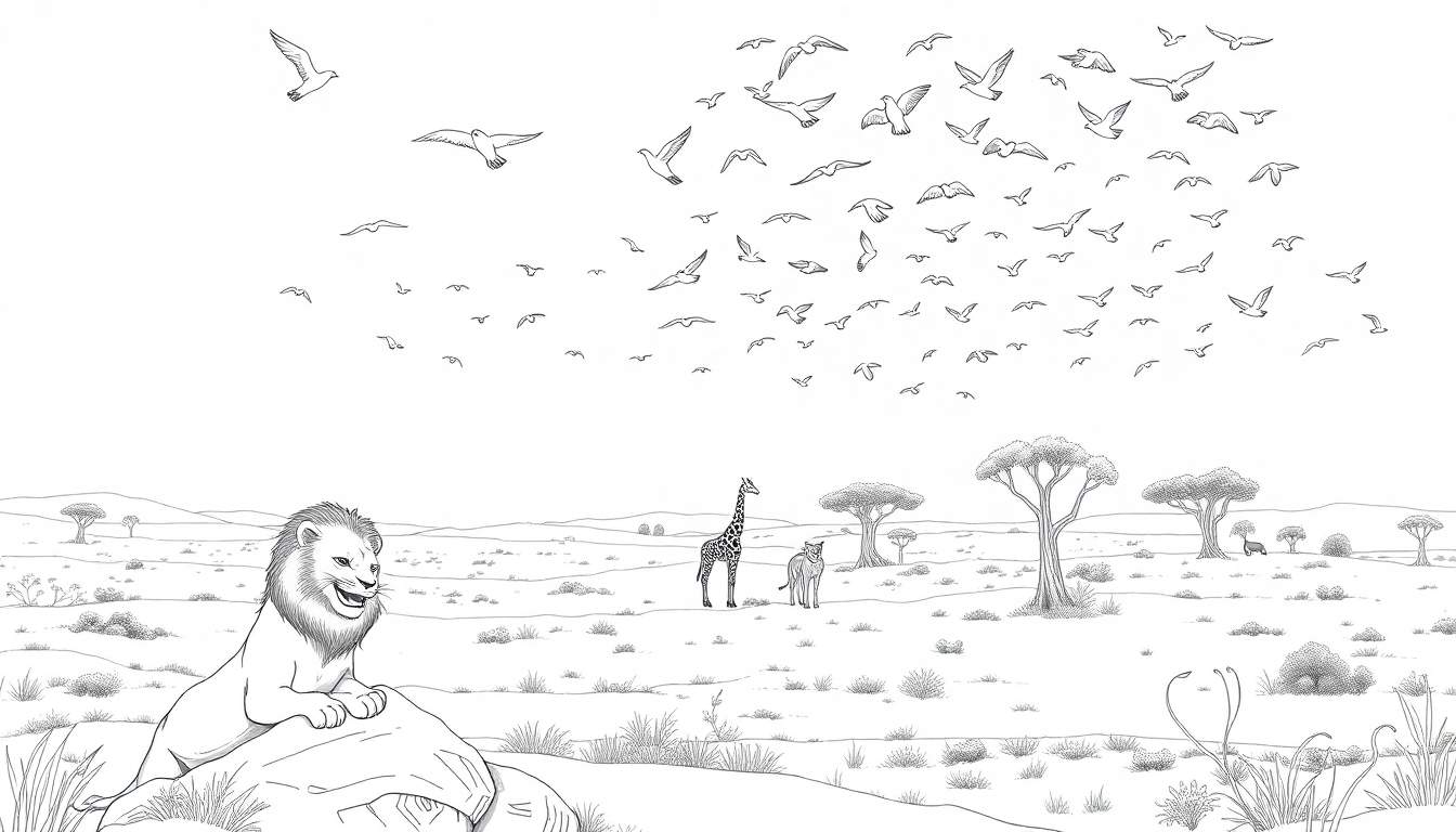 Paysage de savane africaine en noir et blanc avec un lion sur un rocher, une girafe, un léopard et des oiseaux en vol.