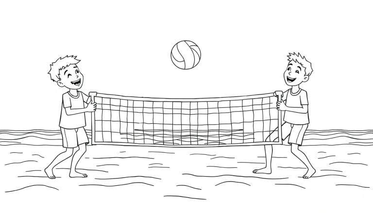 Deux garçons jouent au beach-volley sur une plage ensoleillée, avec un ballon dans les airs et des rayures colorées sur le color panel de la plage.