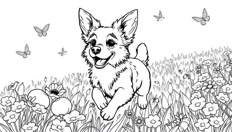 Un corgi joueur court dans un champ de fleurs colorées, avec des papillons et des oiseaux dans le ciel. Le dessin au trait est parfait pour une page à colorier.