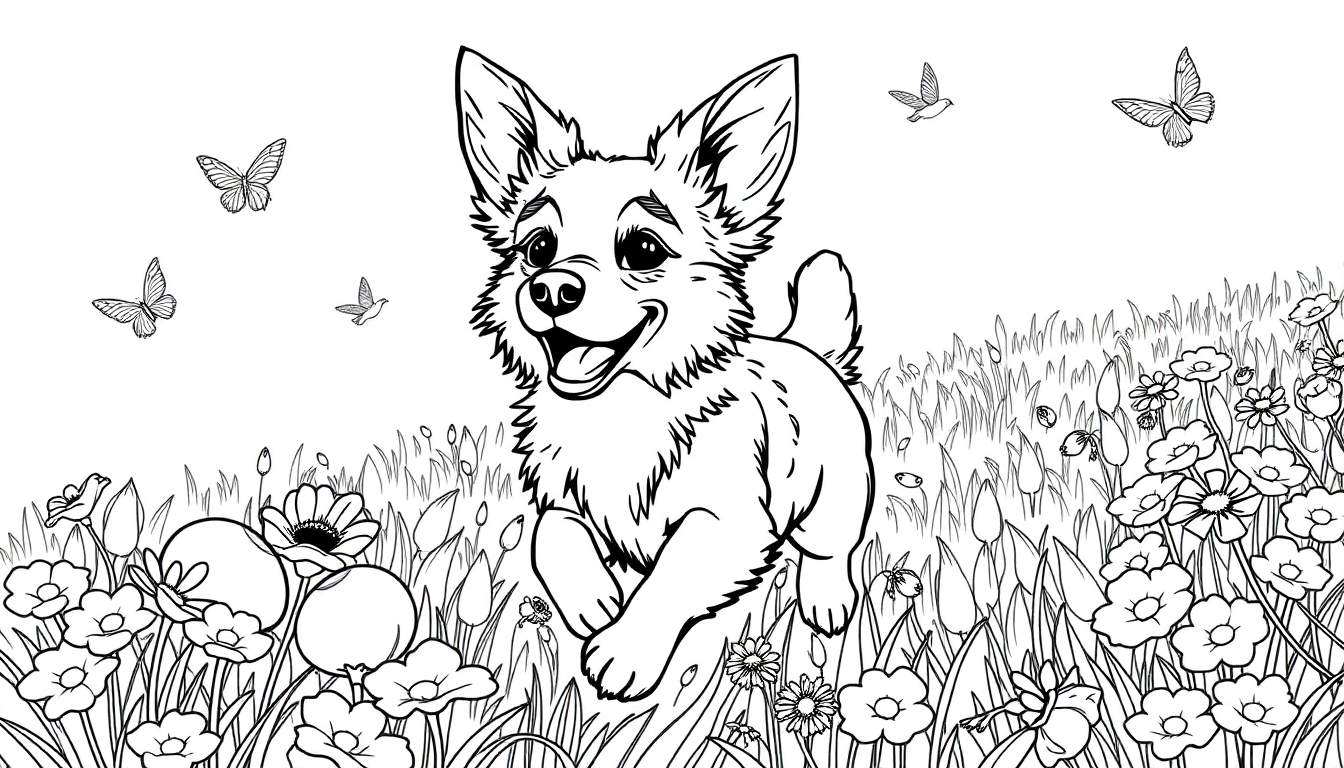 Un corgi joueur court dans un champ de fleurs colorées, avec des papillons et des oiseaux dans le ciel. Le dessin au trait est parfait pour une page à colorier.