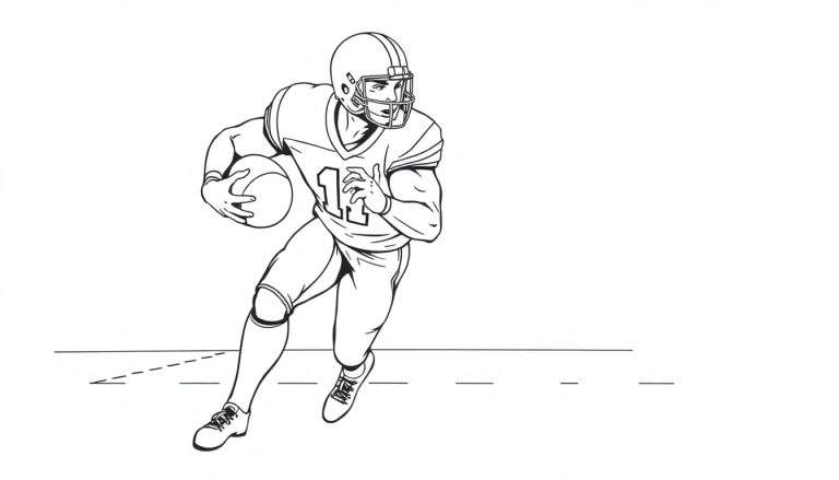 Dessin au trait d'un joueur de football américain portant le numéro 11, courant avec un ballon, dans un color panel.
