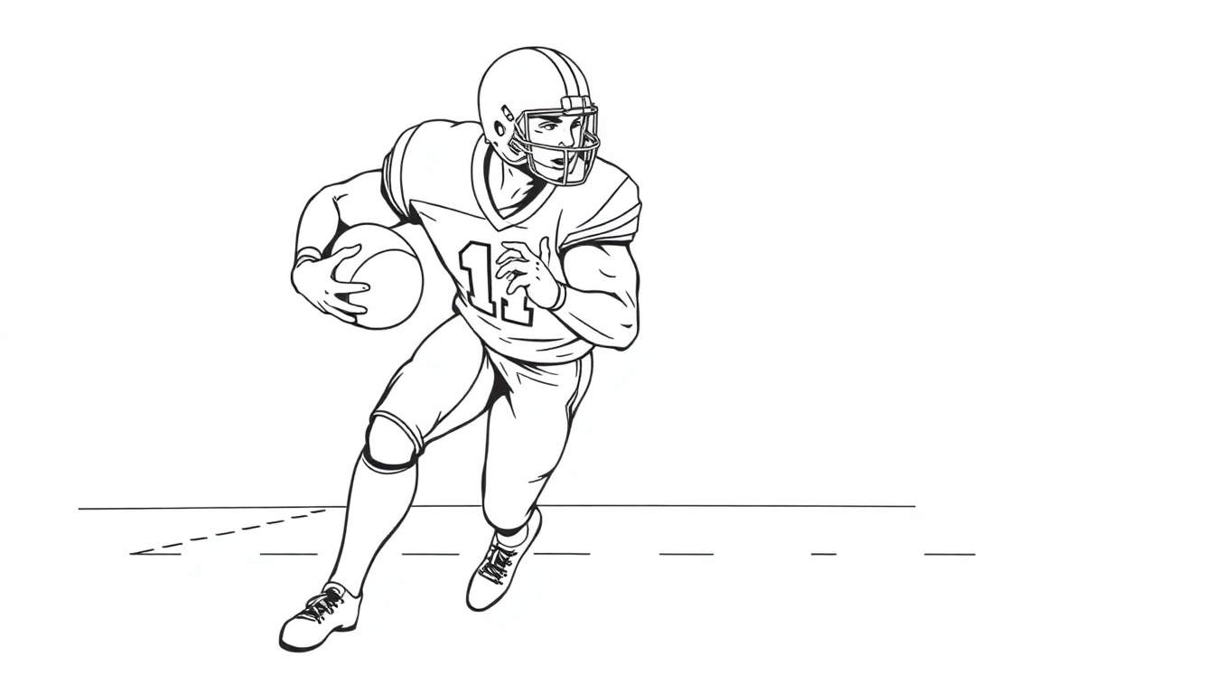 Dessin au trait d'un joueur de football américain portant le numéro 11, courant avec un ballon, dans un color panel.