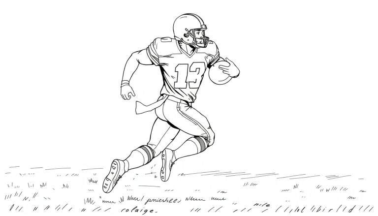 Dessin au trait d'un joueur de football américain portant le numéro 13, courant avec un ballon, sur un terrain d'herbe.
