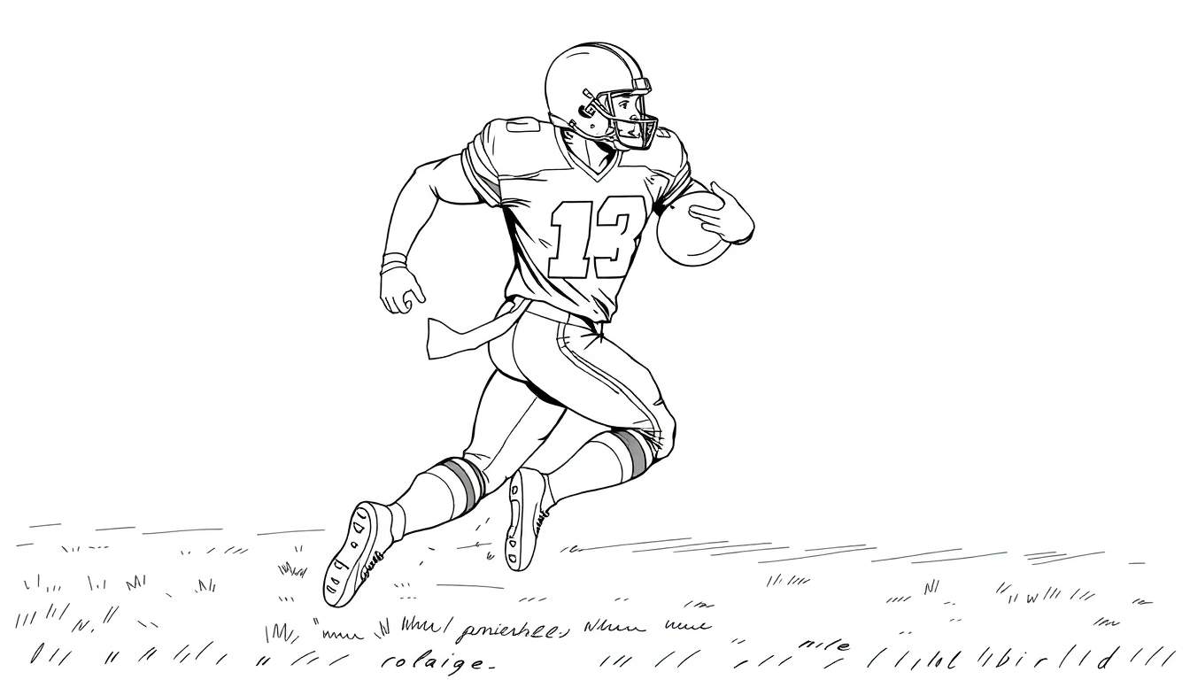 Dessin au trait d'un joueur de football américain portant le numéro 13, courant avec un ballon, sur un terrain d'herbe.