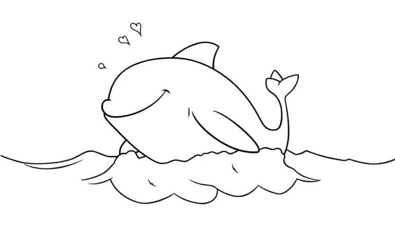 Dessin animé d'un dauphin joyeux sautant hors de l'eau, avec des bulles et des cœurs.