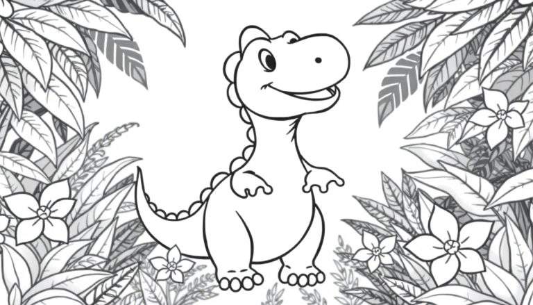 Dessin au trait d'un dinosaure mignon et souriant dans une jungle avec un color panel.