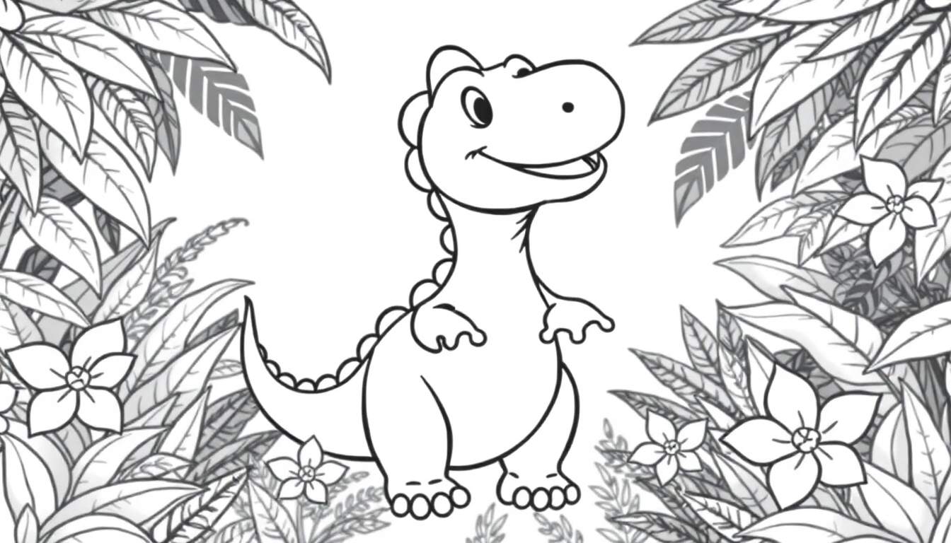 Dessin au trait d'un dinosaure mignon et souriant dans une jungle avec un color panel.