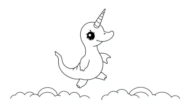 Dessin au trait d'une créature ressemblant à un dinosaure licorne flottant avec une corne rayée et un gros œil, au-dessus de nuages ondulés.