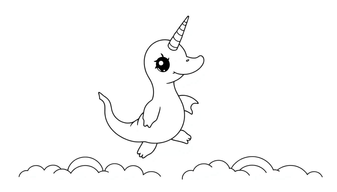 Dessin au trait d'une créature ressemblant à un dinosaure licorne flottant avec une corne rayée et un gros œil, au-dessus de nuages ondulés.