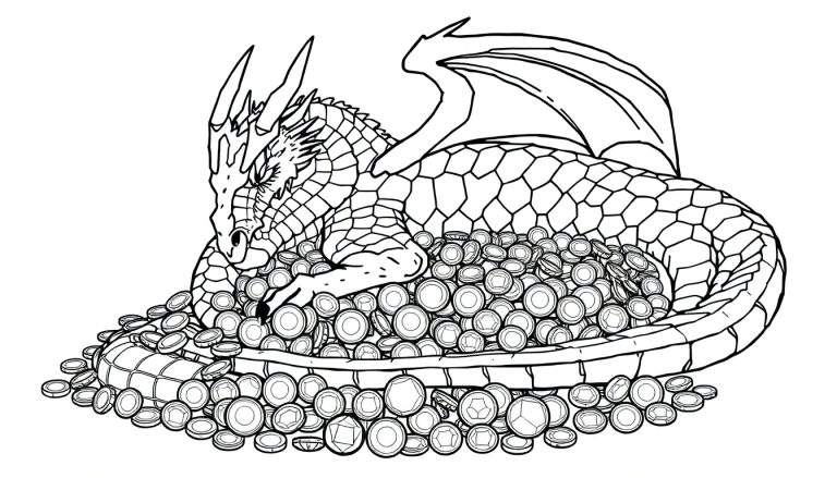 Un dragon dessiné au trait dort sur un tas de pièces d'or, prêt à être colorié.