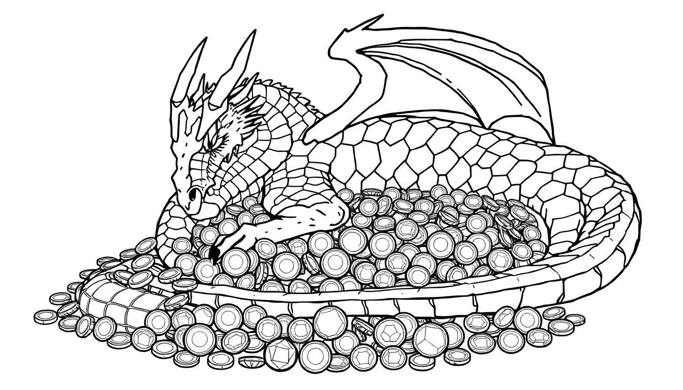 Un dragon dessiné au trait dort sur un tas de pièces d'or, prêt à être colorié.