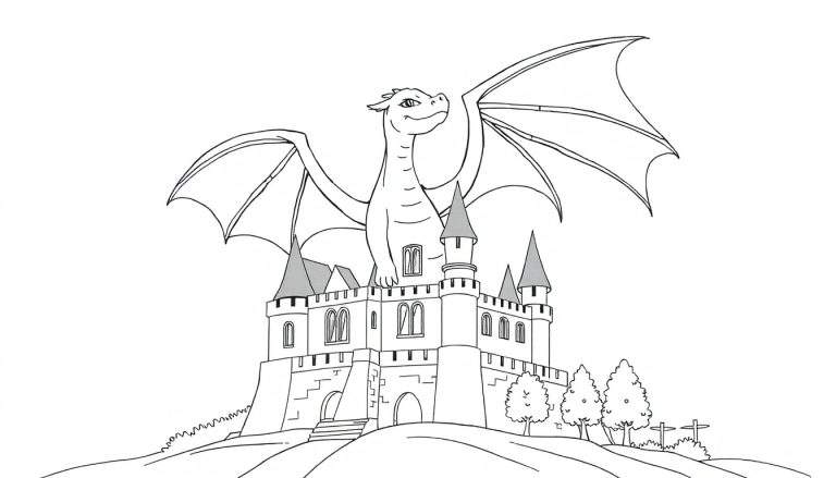 Un dessin au trait d'un dragon souriant perché sur un château avec des arbres.