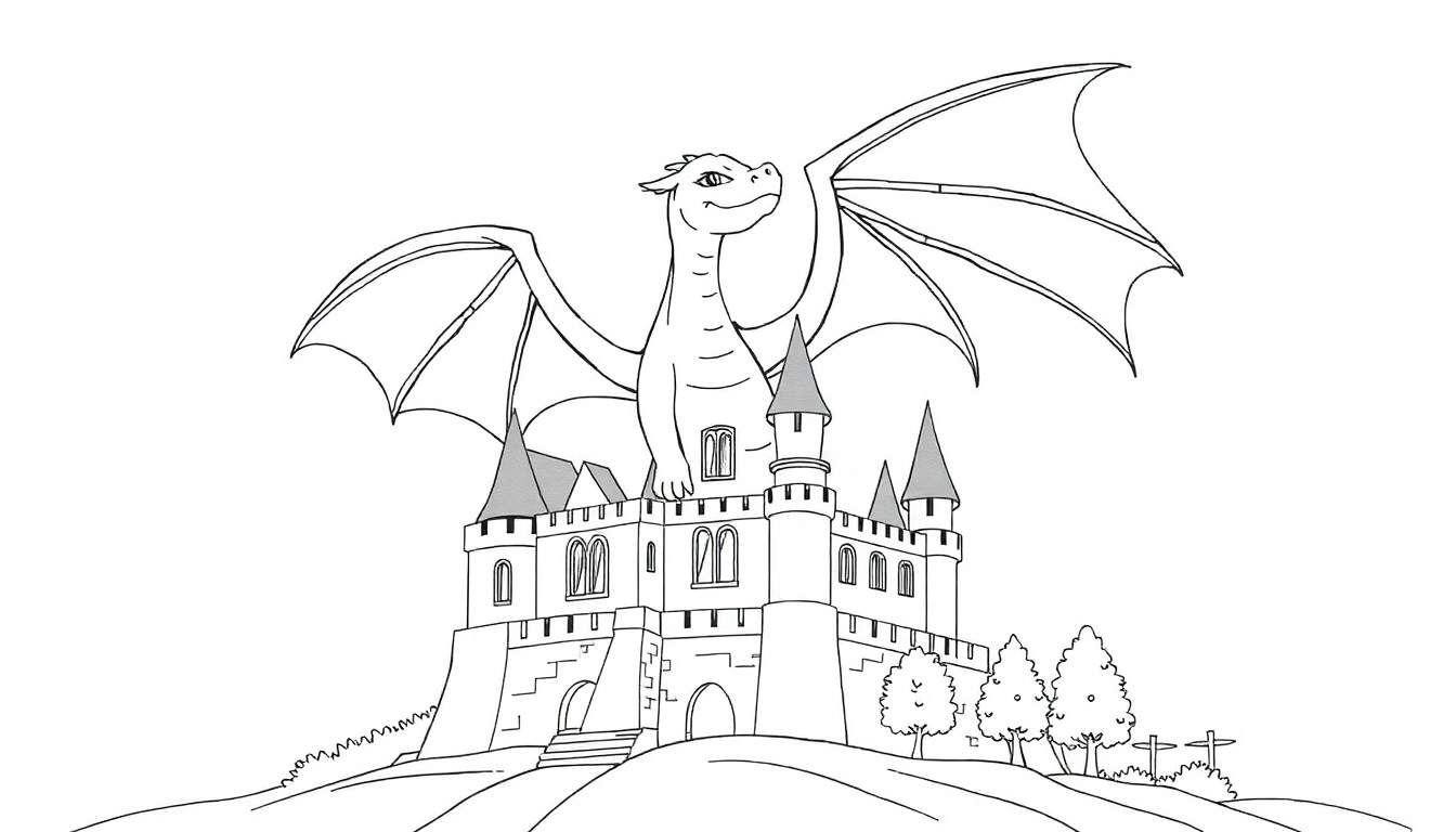 Un dessin au trait d'un dragon souriant perché sur un château avec des arbres.