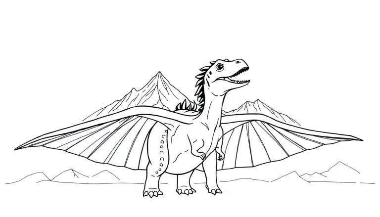 Dessin au trait d'un dragon souriant avec des montagnes en arrière-plan et un color panel.