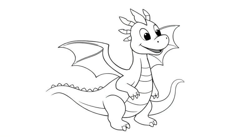 Dragon de dessin animé souriant avec un corps rond et de petites ailes, prêt à être coloré sur un color panel.