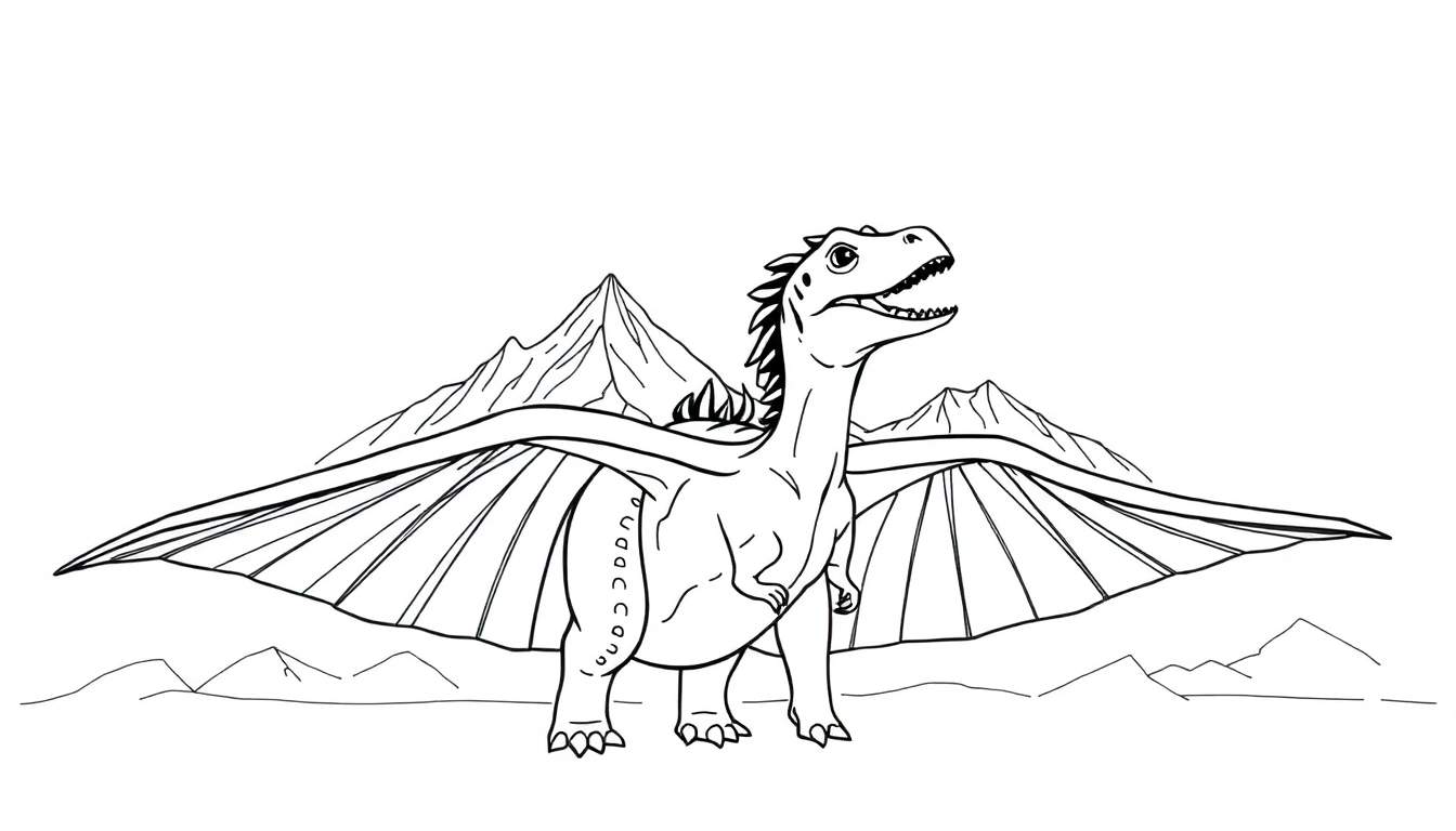 Dessin au trait d'un dragon souriant avec des montagnes en arrière-plan et un color panel.
