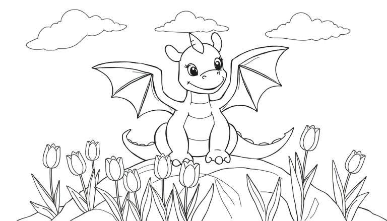 Un dragon de dessin animé mignon assis sur une colline avec des tulipes et des nuages, prêt pour un color panel.